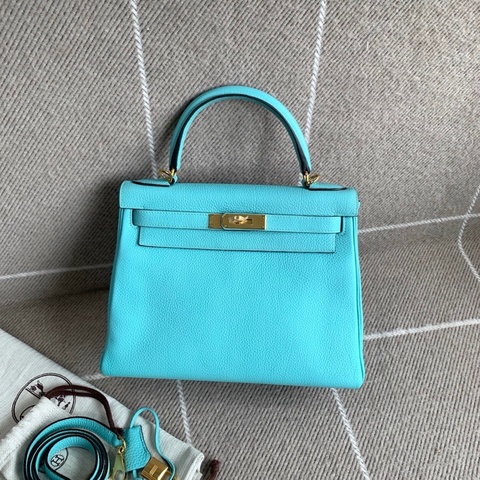 Hermes 愛馬仕kelly28 孔雀藍金扣 T刻 手提單肩包