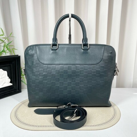 Louis Vuitton 藍色壓紋棋盤格拉鏈開合 牛皮手提包電腦公事包