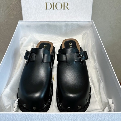 Dior迪奧 女士黑色鉚釘包腳厚底勃肯鞋穆勒鞋 37碼