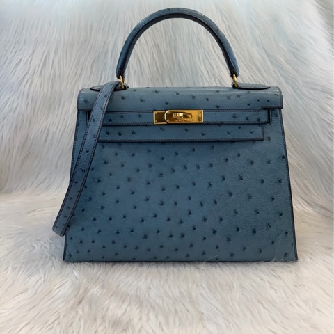 HERMES 藍色鴕鳥皮 外縫 金釦 kelly 28 凱莉包 手提包 肩背包