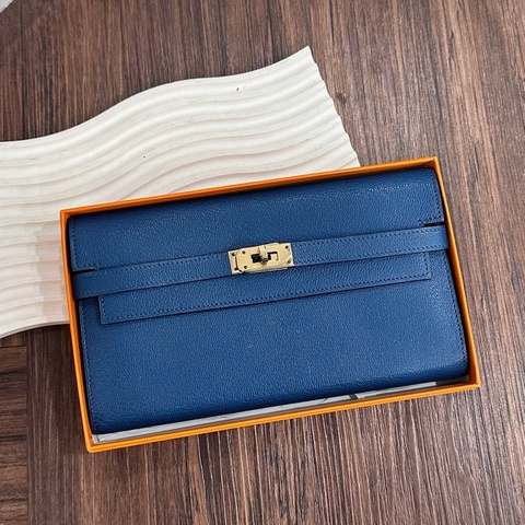 HERMES □R刻 藍KELLY長夾