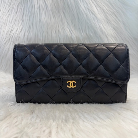 Chanel A80758 黑羊皮金釦釦式長夾｜長夾 皮夾 錢包 銀包