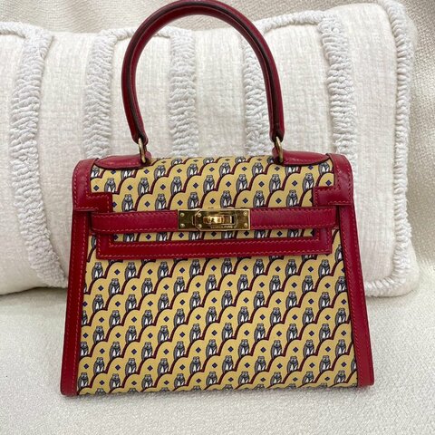 【稀有貓頭鷹大耳朵】愛馬仕 Hermès Mini Kelly 20 迷你凱莉 貓頭鷹大耳朵 紅色 Box皮拼絲綢 金扣｜圓圈T