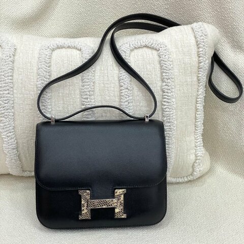 愛馬仕 Hermès Constance Mini 康康 黑色 Monsieur皮 蜥蜴釦 銀扣