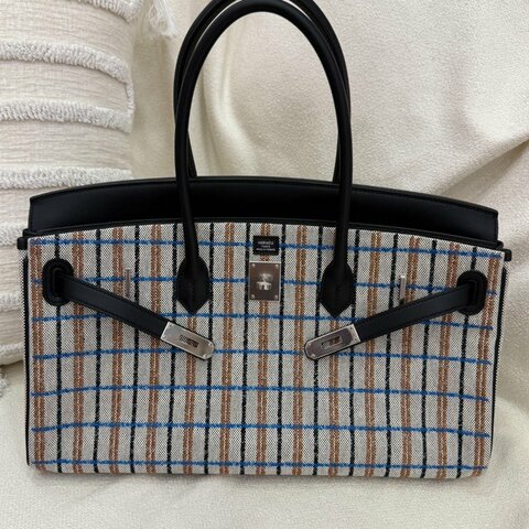 【稀有彩色條紋】愛馬仕 Hermès Birkin Shoulder 39 帆布橫豎條 黑銀帆布彩色條 皮革拼帆布 銀扣｜全新｜W
