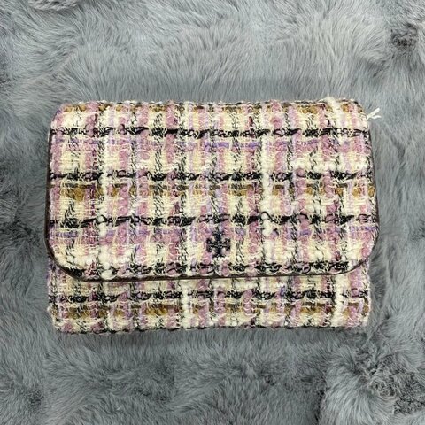 Tory Burch Emerson 粉紫小香風编織毛呢翻蓋鏈條斜背包