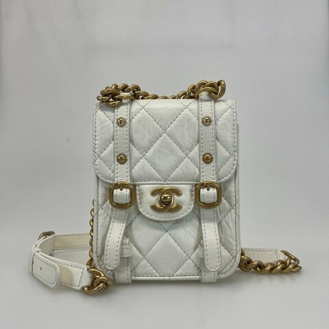 CHANEL 季節款直立式郵差包白色牛皮金釦 AS2695/晶片款