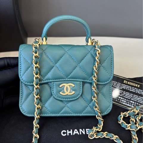 【全新品】香奈兒Chanel 孔雀綠mini手柄款鏈條包斜背包 雙C五金帶膜 31開