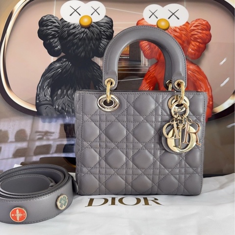 DIOR迪奧 戴妃四格 灰色金扣 藤格紋  單肩斜挎手提包尺寸：20*17*8，18年編碼