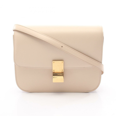 CELINE 經典 Box 中型單肩斜背包 米色皮革 金色五金 二手 女士