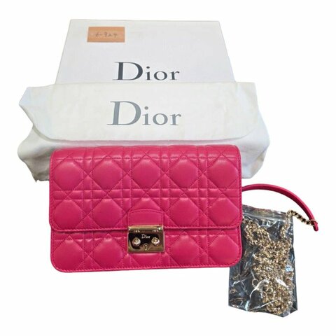【美收精品】DIOR 桃紅色籐格紋皮革鏈條肩背包  6-924【隔月月中將轉賣至日本 上架期限30天】