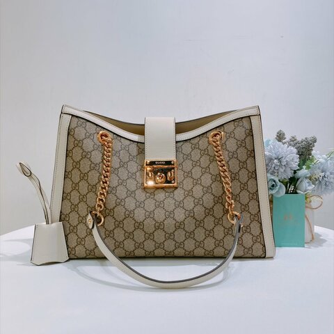 TW5003	Gucci 古馳經典花紋鍊帶單肩包包 Padlock Medium GG Tote Chain Bag Supreme Canvas Brown x GHW