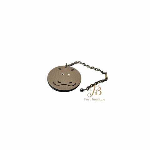【H0032】HERMES 灰色牛皮純銀河馬造型吊飾