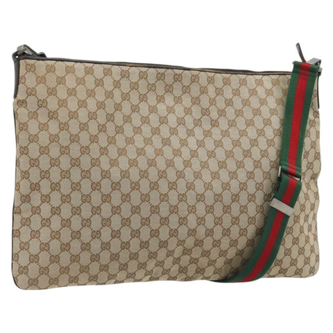 GUCCI GG帆布織帶雪莉線單肩包 米色 銀色 正品 191971A