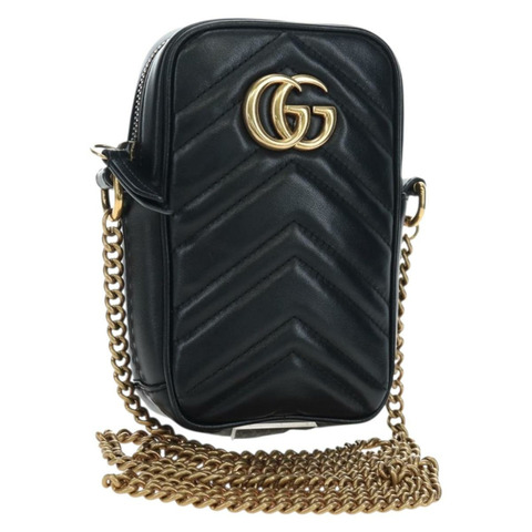 GUCCI GG Marmont 鏈條單肩包，黑色皮革，金色，貨號 598597，正品編號 195493V