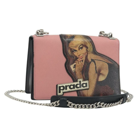 PRADA 鏈條單肩包 Saffiano 皮革 粉紅色 銀色 正品 195095A