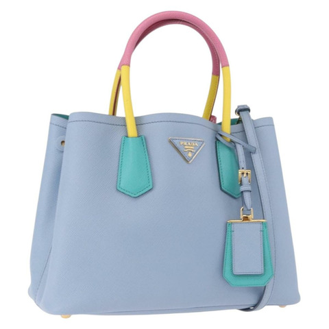 PRADA 手提包 Saffiano 2way 淺藍色金色飾邊 Auth 195344M