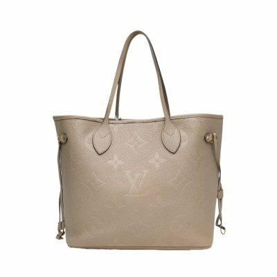 LOUIS VUITTON Neverfull中號31配子袋灰色牛皮金扣晶片老花壓紋