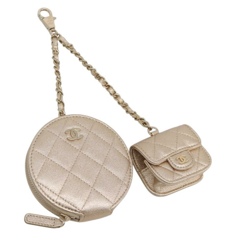香奈兒 (CHANEL) 絎縫羊皮香檳金 CC 標誌手拿包 Auth 195534M