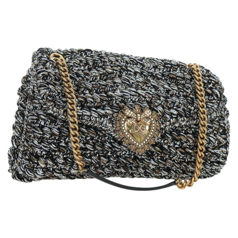 DOLCE&GABBANA Devotion 鏈條單肩包，斜紋軟呢布料，黑色，金色，正品 BA14821SAM