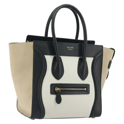CELINE Luggage Micro Shopper 手提包，白色皮革，金色，正品，貨號 196632V