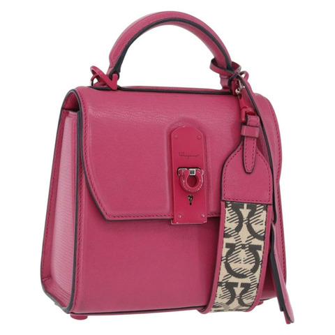 Salvatore Ferragamo Gancini 手提包 皮革 兩用 粉紅色 銀色 正品 196358A