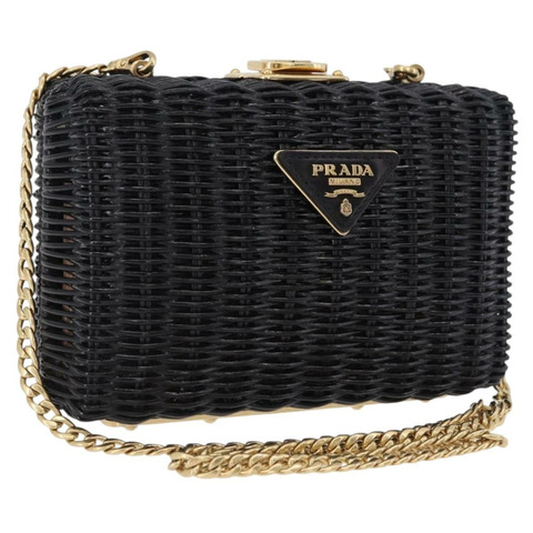 PRADA 鏈條肩背包 藤編 黑色 金色 正品 197136M