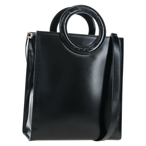 CELINE 圓形手柄手提包 皮革 2way 黑色 銀色 Auth am12266V
