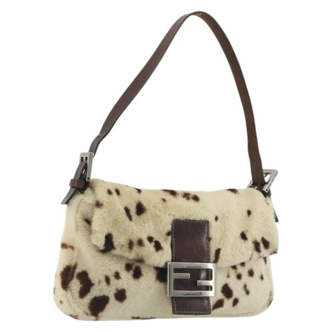 FENDI Mamma Baguette 單肩包，象牙色銀色，附毛皮，正品編號 197511SAM