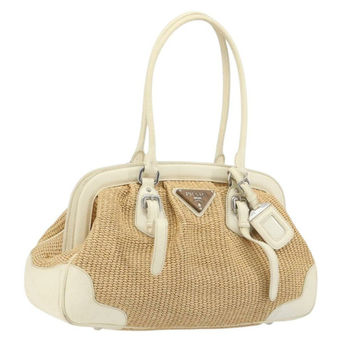 PRADA 草編手提包 米色 銀色 正品 197502A