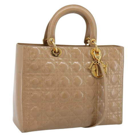 Christian Dior Cannage Lady Dior 大手提包 漆皮 米色 金色 正品 198677A