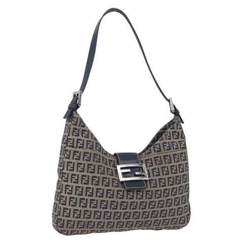 FENDI Zucchino帆布Mamma Baguette單肩包 海軍藍 銀色 正品 198353V