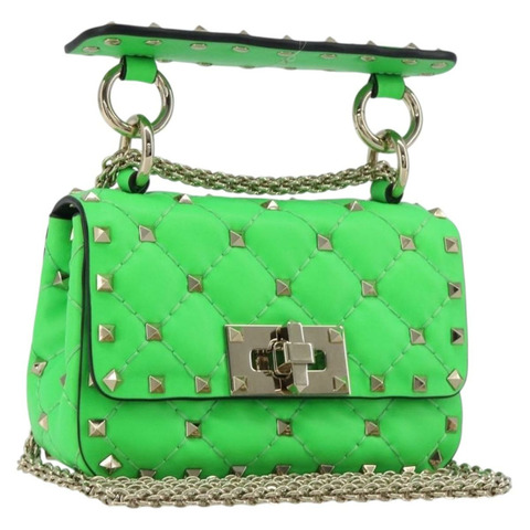 VALENTINO 鉚釘鏈條單肩包 皮革 2way 綠色金色 Auth 198465V