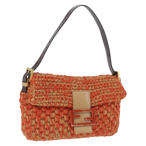 FENDI Mamma Baguette 單肩包，針織布料，橘色金色，正品編號 198479SAM
