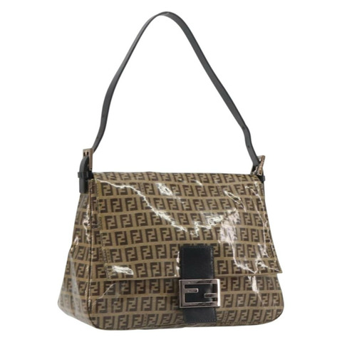 FENDI Zucchino 帆布 Mamma Baguette 包，塗佈帆布，黑色/棕色，正品 am12411V