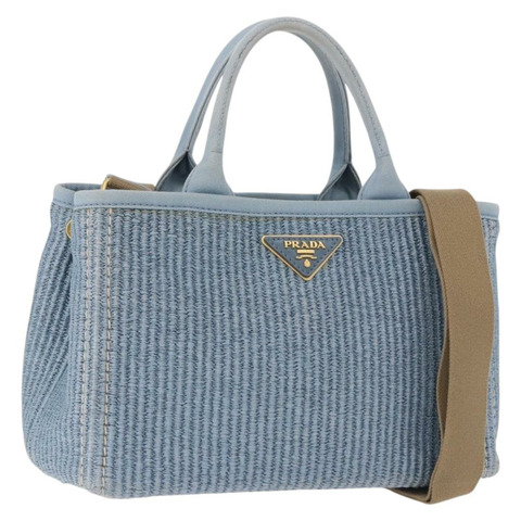 PRADA 手提包 草編兩用包 淺藍色 金色 正品 197472A