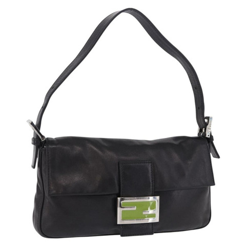 FENDI Mamma Baguette 單肩包，黑色銀色皮革，正品編號 198301SAM