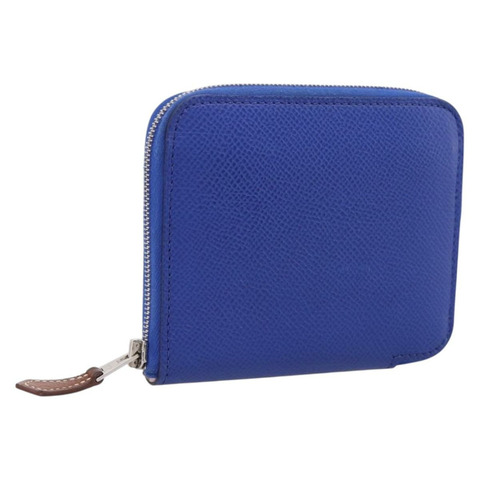 愛馬仕 Azap Compact Silk In Wallet 皮革 藍色 銀色 Auth 198794V