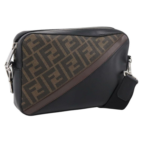 FENDI Zucca帆布斜背相機包 PVC棕黑色 正品 198702V