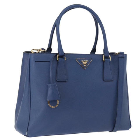 PRADA 手提包 Safiano 皮革 2way Blue Gold Auth BA15150V
