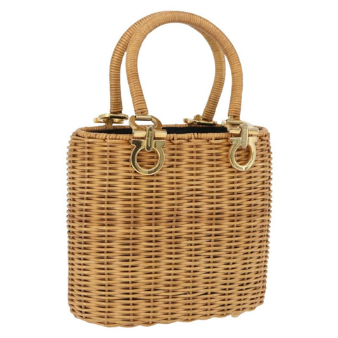 Salvatore Ferragamo Gancini 拉菲草手提包 米色 金色 正品 BA15106V