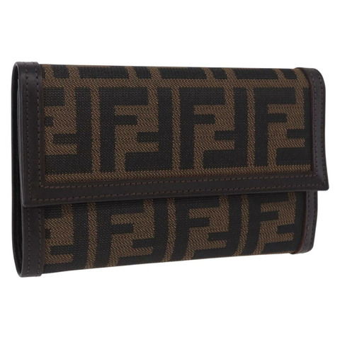FENDI Zucca帆布三折皮夾 黑色棕色 Auth am12383V