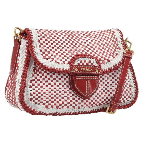 PRADA 白色紅色皮革肩背包，正品，貨號 196589A
