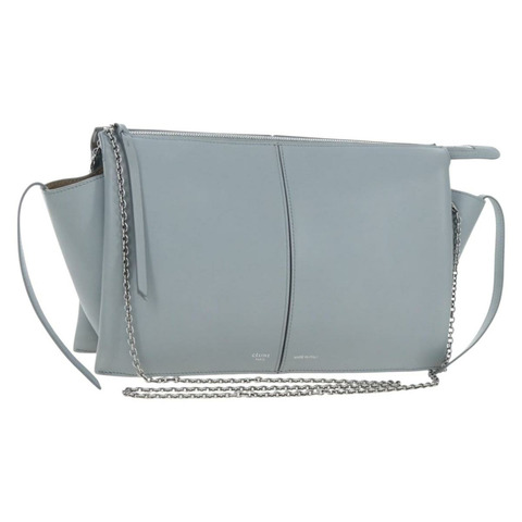 CELINE 鏈條三葉草背包 皮革 淺藍色 銀色 正品 199685V