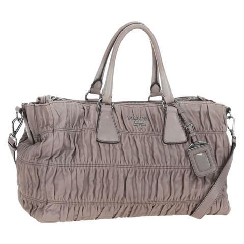 PRADA 褶皺手提包 皮革 兩用 灰色 銀色 正品 199643V