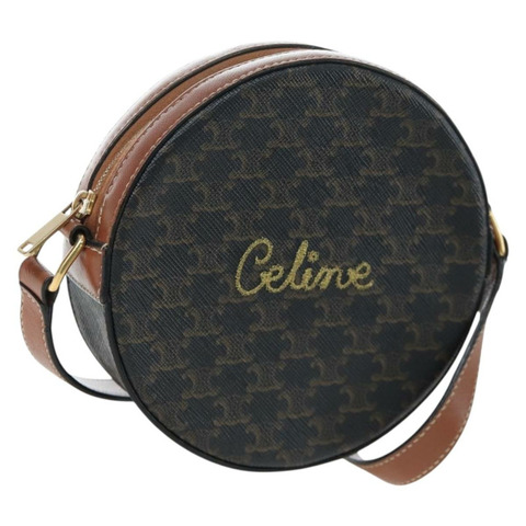 CELINE Triomphe 圓形手提包/單肩包 PVC 黑色 金色 正品 199654M