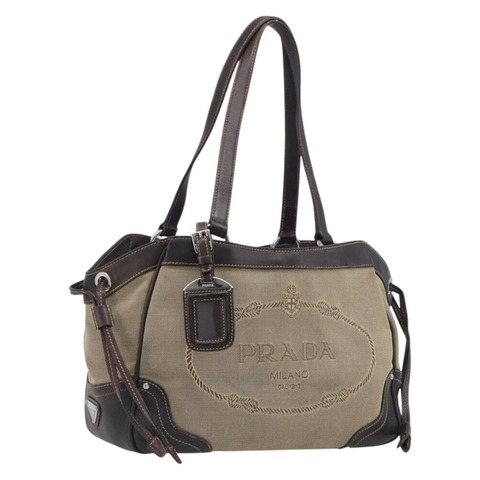 PRADA 托特包 帆布提花 米色 銀色 正品 199661V