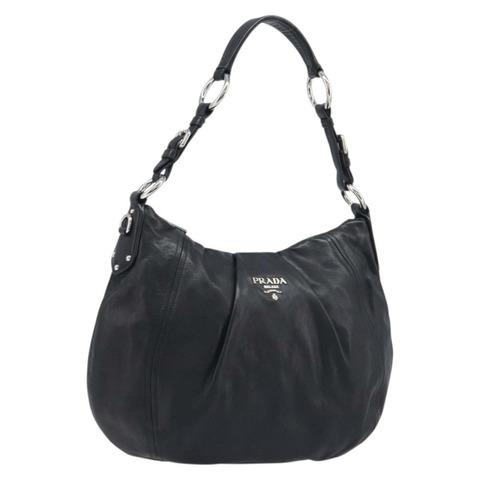 PRADA 黑色銀色皮革肩背包 正品 yk20841SAV