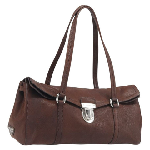 PRADA 棕色銀色皮革肩背包 正品 yk20802SAV