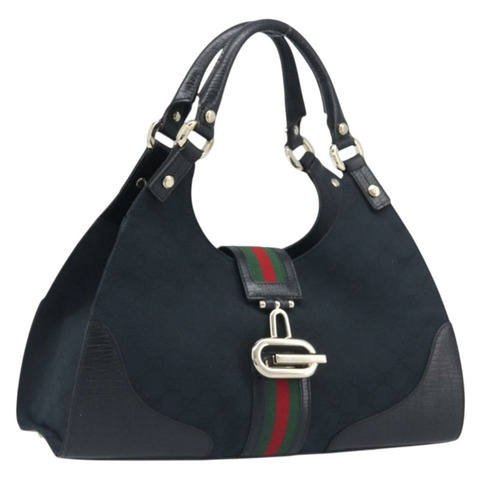 GUCCI GG帆布織帶雪莉系列手提包 黑色金色 130995 正品 yk20808SAV